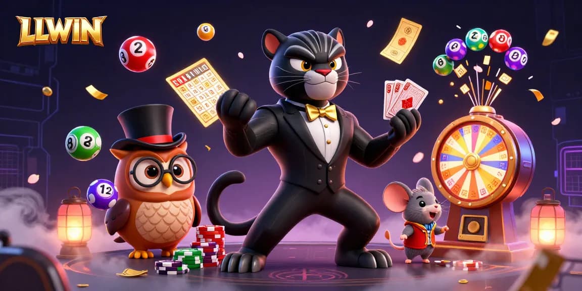 LLWIN showcases an exciting gambling scene with a stylish panther dealer and vibrant casino elements.