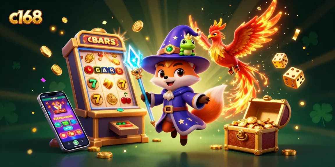 C168 players enjoy the thrilling jackpot from colorful slot machines while a wizard fox casts spells nearby