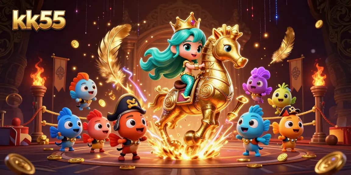 Experience the excitement of kk55 with vibrant casino scenes featuring a mermaid princess and seahorse champions.