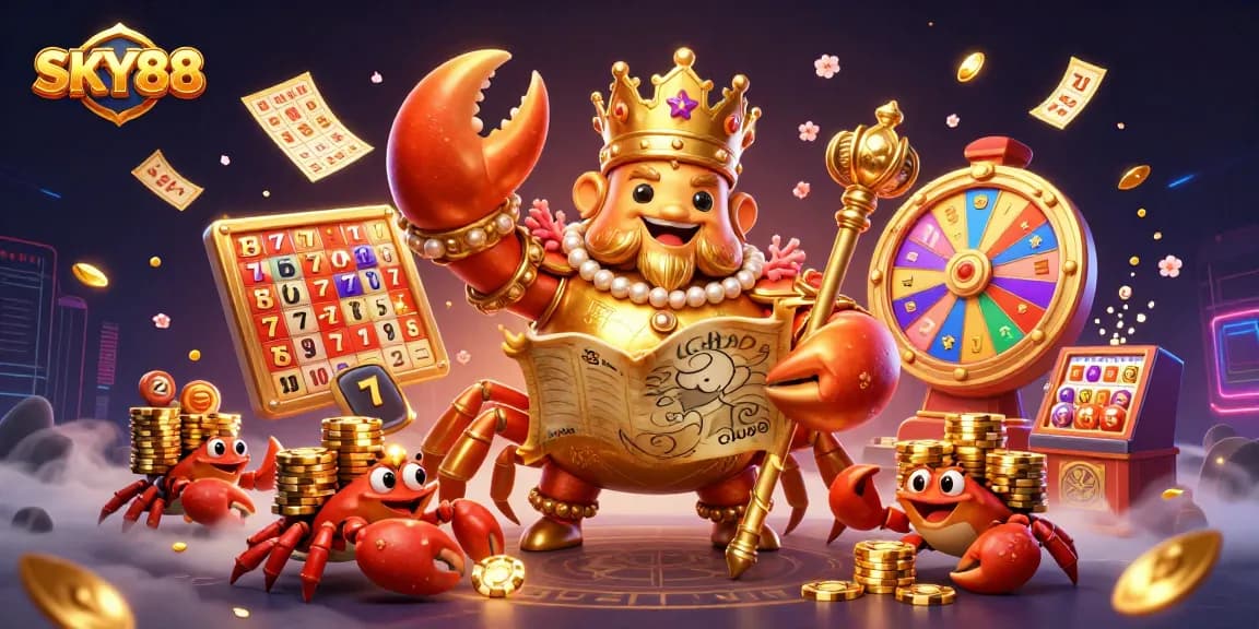Experience thrilling jackpots at SKY88 as a golden crab emperor leads a vibrant 3D casino adventure.