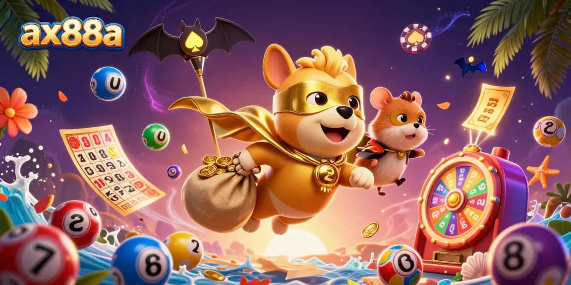 Win big at ax88a with this vibrant illustration of a superhero dog and friends in a thrilling casino scene.
