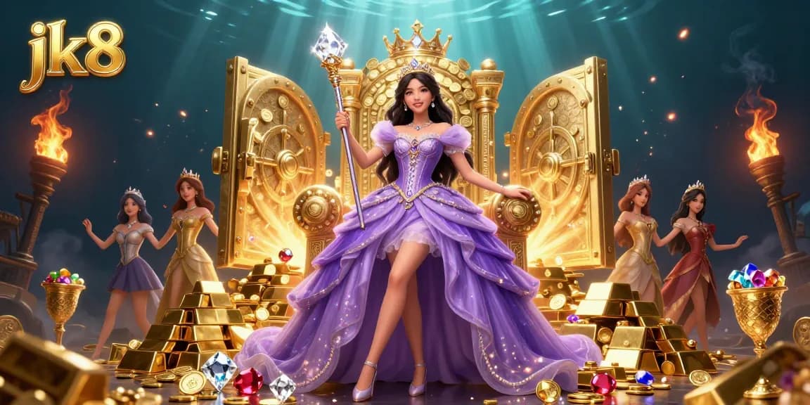 Play with jk8 at a luxurious casino scene featuring a princess, golden treasures, and dazzling jewels.