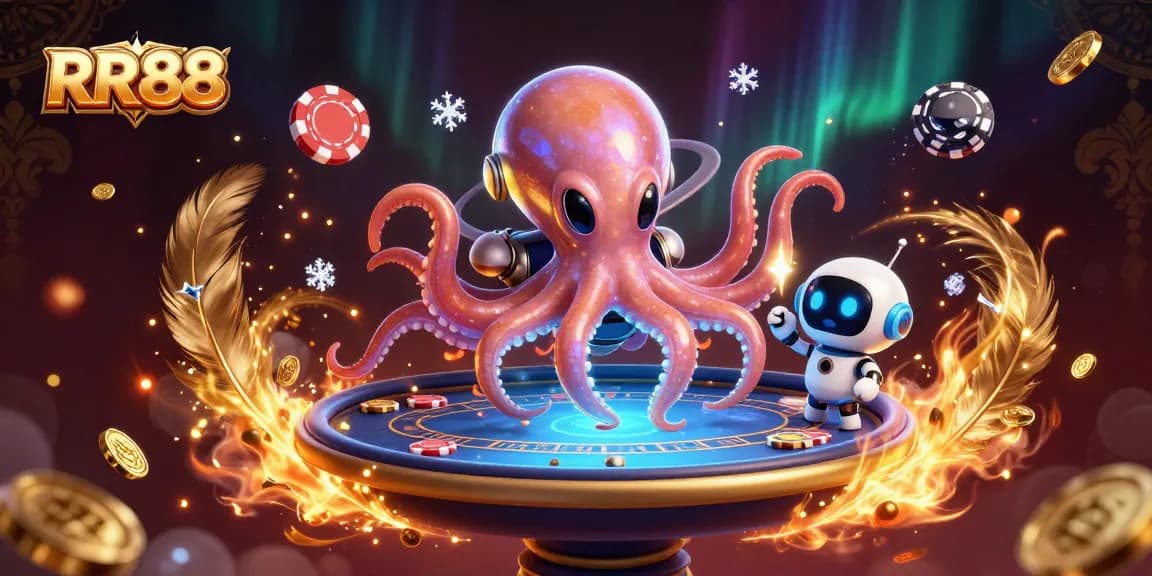 Engage with RR88's immersive 3D alien octopus at a futuristic poker table amidst cosmic casino elements.
