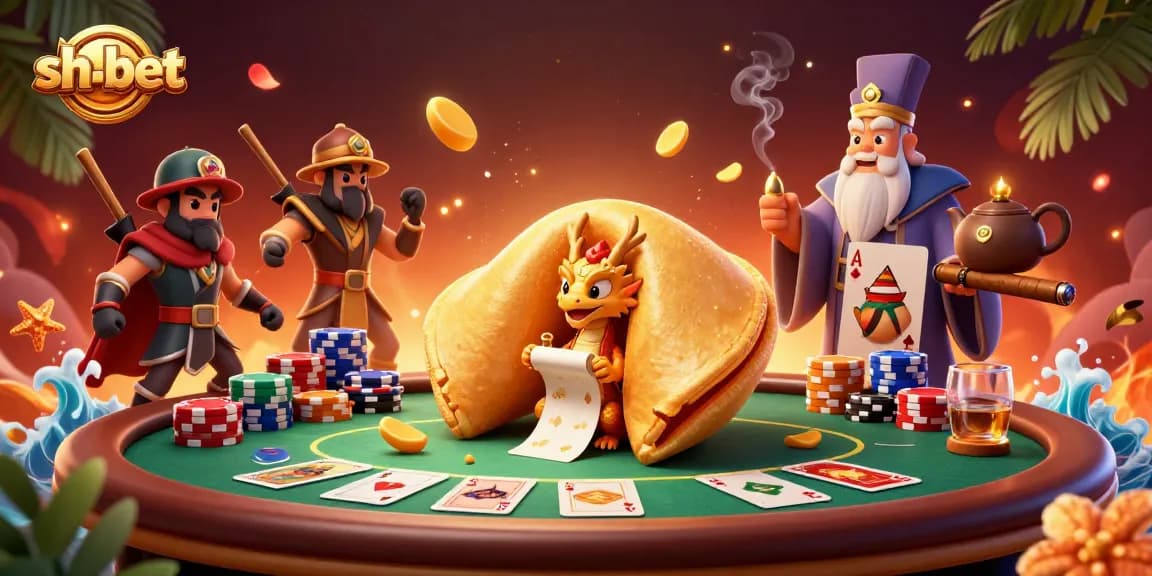 Experience the excitement of sh-bet with a golden fortune cookie scene full of poker action and casino elements.
