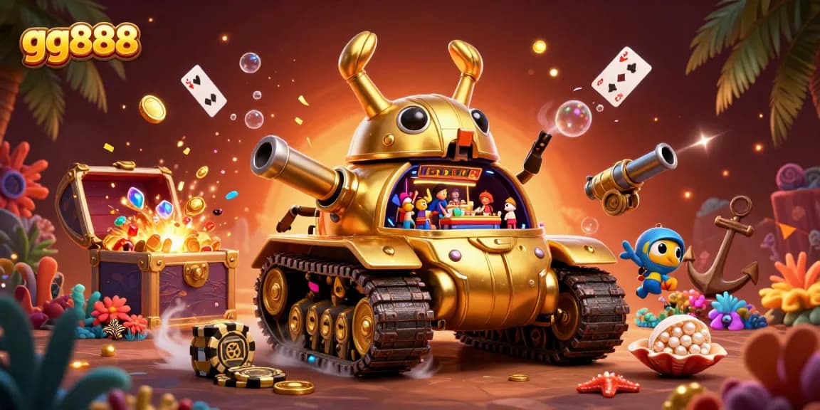 Win big at gg888 with vibrant 3D casino artwork featuring a golden beetle tank and treasures.