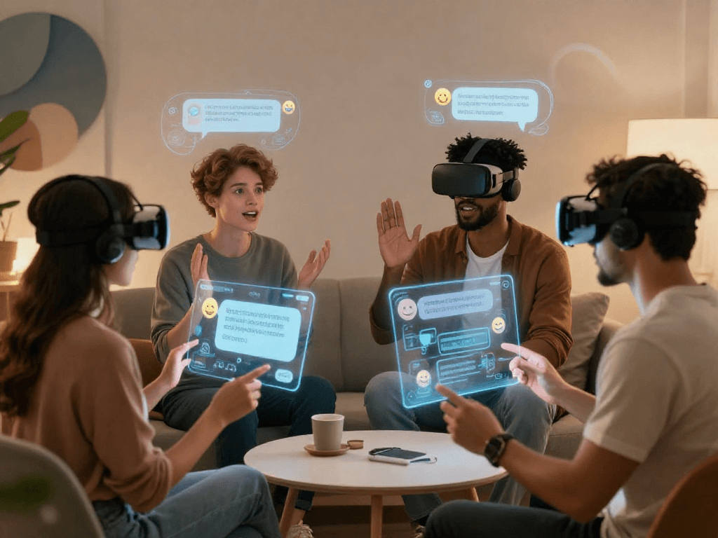 AI sex chat avatars interacting in a futuristic virtual space.