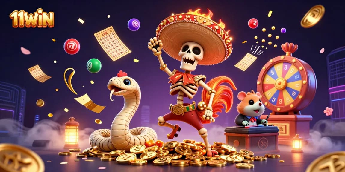 Experience the thrill of 11WIN with vibrant lottery elements and animated characters celebrating wins!