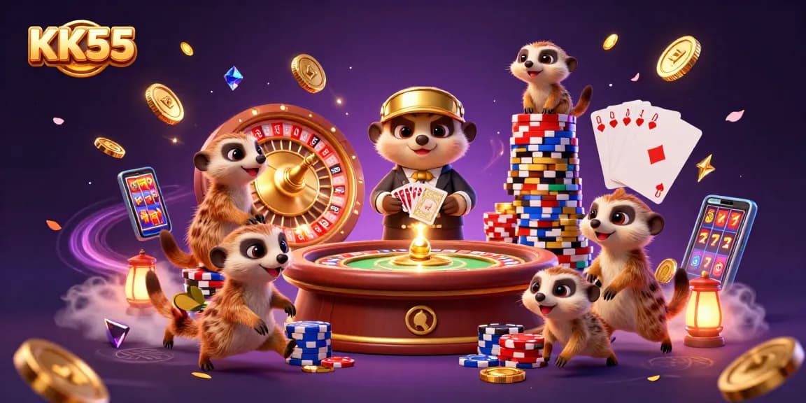 KK55 meerkats engaging in a busy casino scene with gold coins and vibrant casino elements.