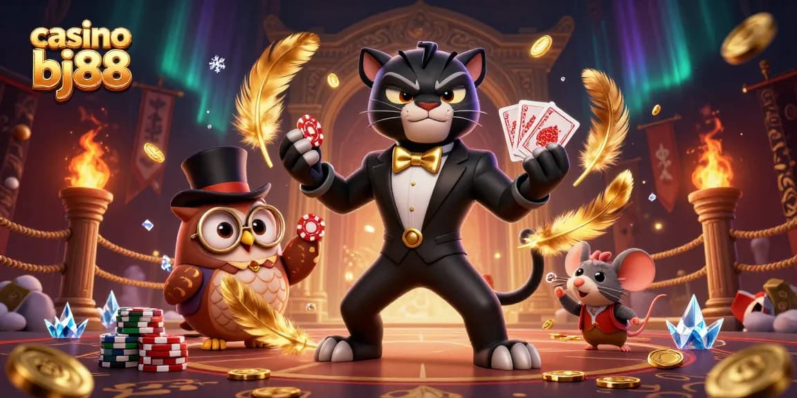 Experience excitement at casino bj88 with a stylish panther dealer and charming owl in a vibrant gambling scene.