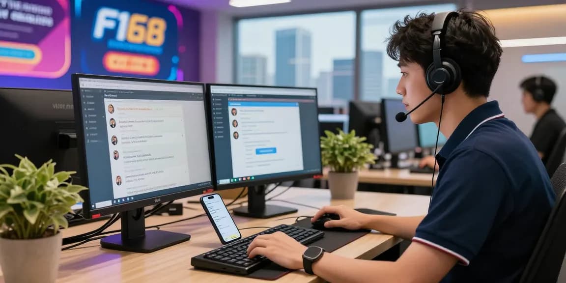 Customer service representative providing Hỗ trợ F168 in a vibrant online gaming environment with modern tools.