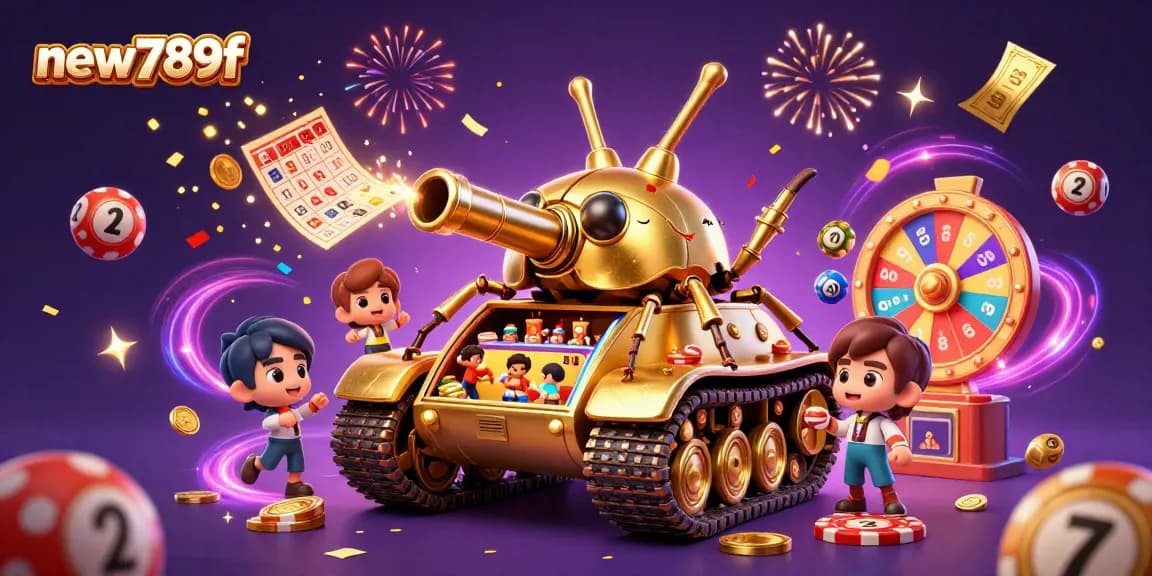 Engage in exciting games with new789f, featuring a colorful casino scene packed with lottery balls and dynamic elements.