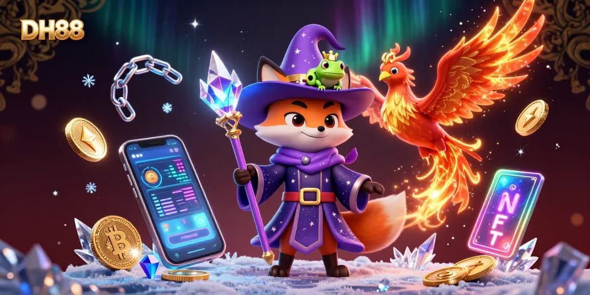 Engage in thrilling gameplay with DH88's exciting 3D casino illustration showcasing a wizard fox, phoenix, and crypto elements.