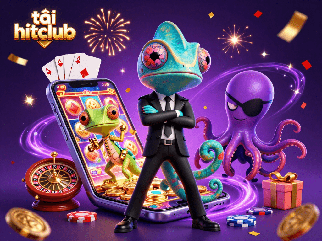 Spin to win with tải hitclub, featuring vibrant characters and exciting casino elements.