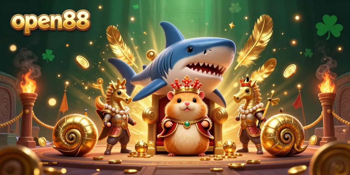 Engage in thrilling gaming experiences at open88 with a rich illustration of a fierce hamster king ruling over a dynamic casino scene.