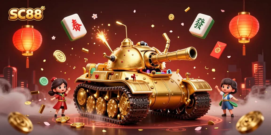 Experience the excitement of SC88 with a vibrant 3D scene featuring a golden beetle tank casino bursting with fun elements.