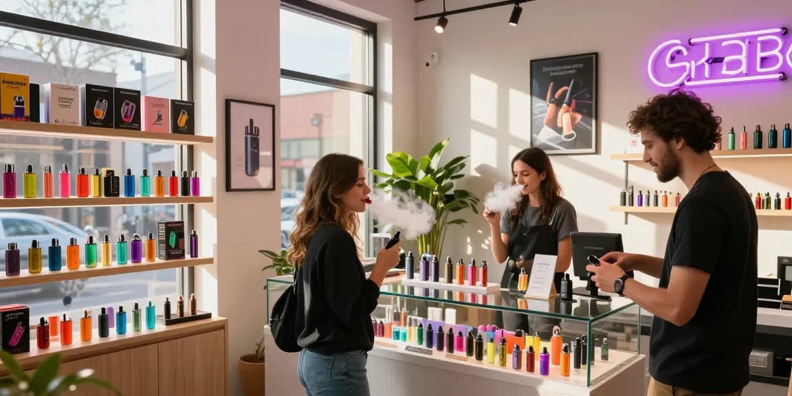 Browse the top disposable vapes shop in the USA, showcasing a variety of colorful vape products in a cozy urban setting.