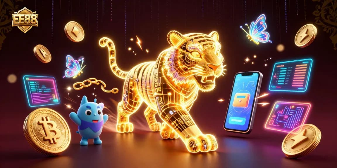 EE88 offers thrilling gameplay with a neon-wireframe tiger amidst cryptocurrencies and vibrant casino elements.