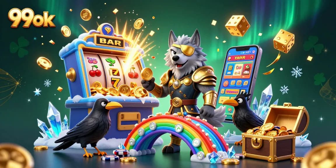 Engage with the thrilling 99ok gaming scene featuring Odin and ravens surrounded by slot excitement.