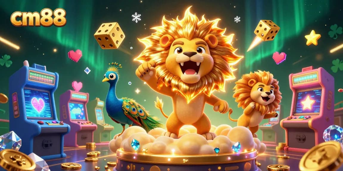 Engage in thrilling gameplay at cm88 with a roaring sun lion and vibrant casino elements.
