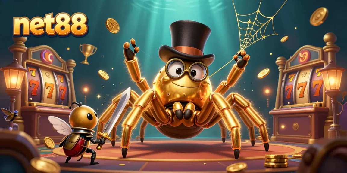 net88 showcases a giant golden tarantula weaving luck at slot reels filled with jackpots.