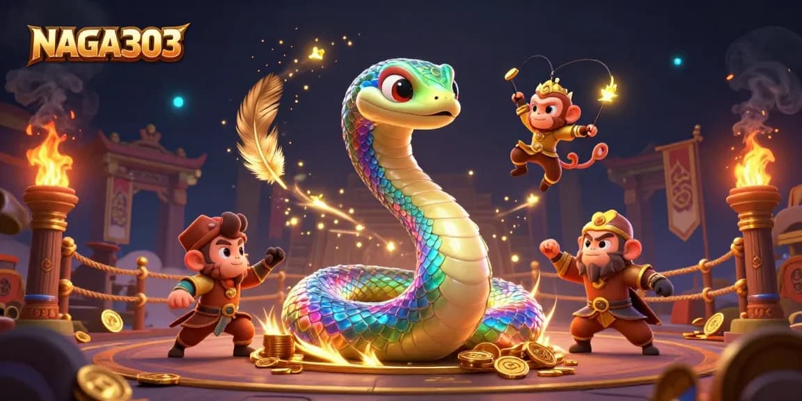 NAGA303 offers thrilling gameplay with a magical scene featuring an iridescent serpent and king monkey.