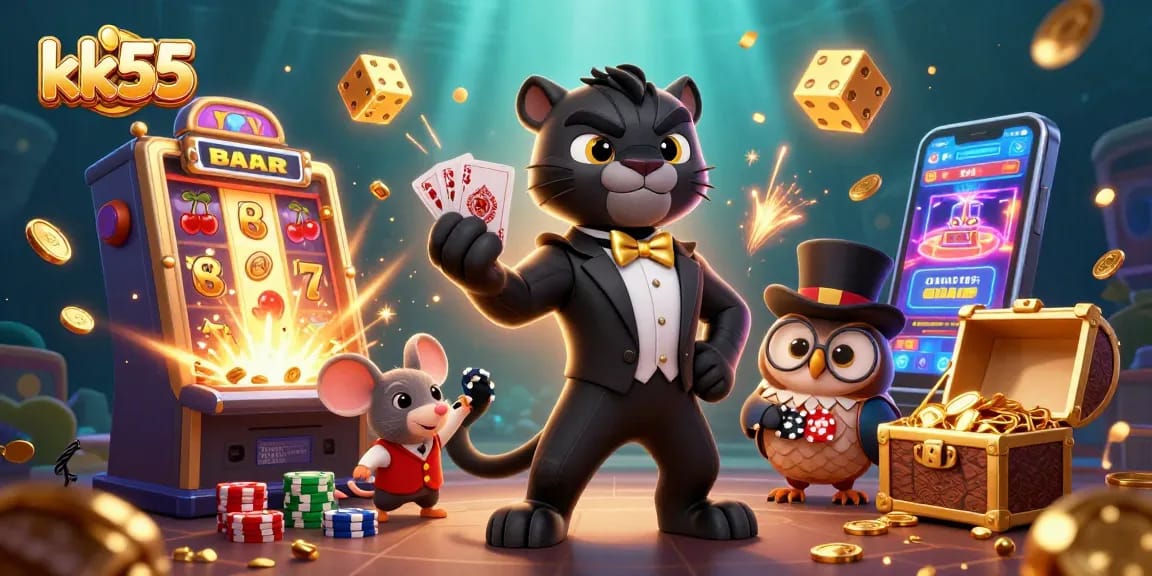 Experience exciting wins at kk55 with a lively scene of characters playing card games amid vibrant slot machine elements.