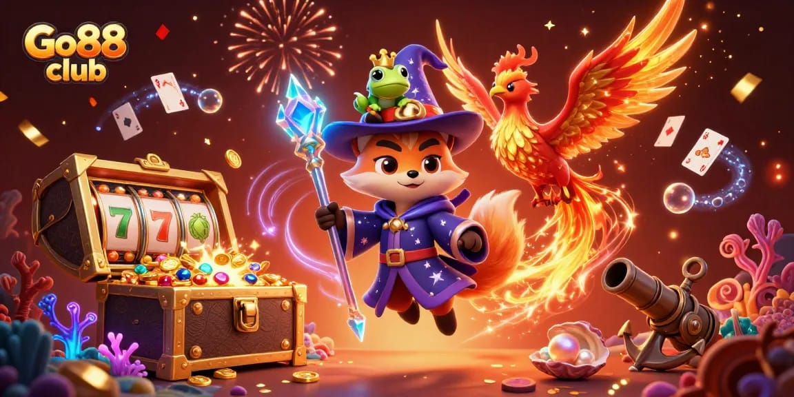 Experience magical gaming at Go88 club with vibrant casino elements and enchanting characters.