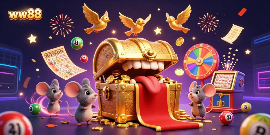 Experience thrilling wins at ww88 with a treasure chest luring adventurer mice among vibrant casino elements.