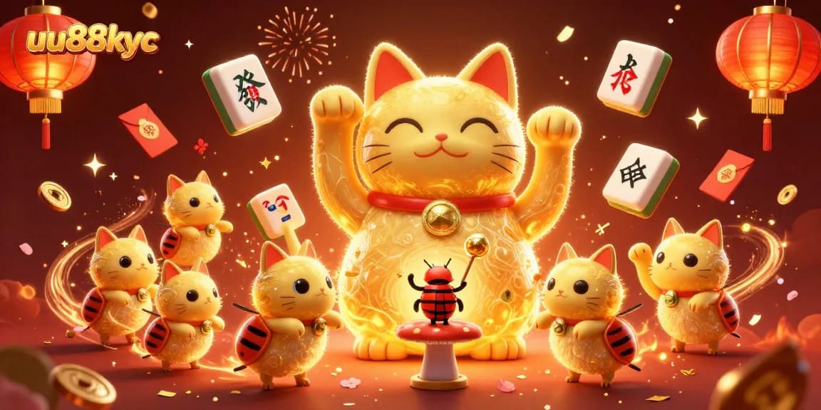 Watch the golden fireflies and lucky cat come to life in a vibrant uu88kyc casino scene.