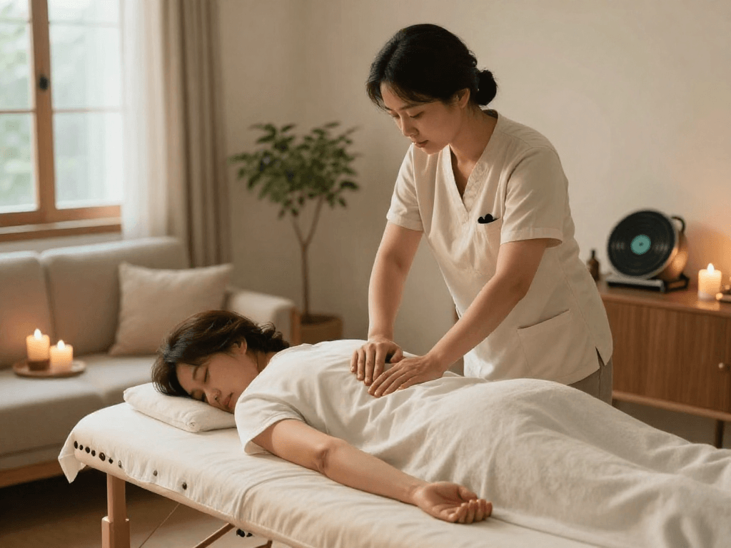 Comfortable at-home 강남출장안마 session with a professional therapist and serene atmosphere.