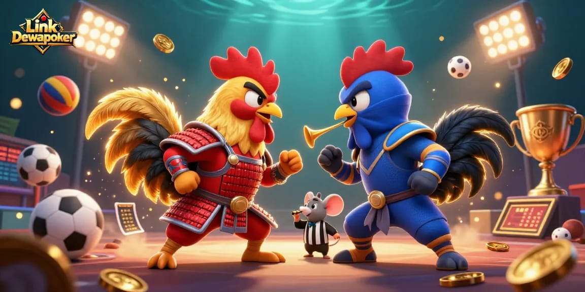 Experience thrilling action with Link Dewapoker, featuring combat roosters in dramatic standoff amidst sports elements.