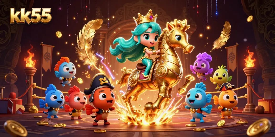 Experience the excitement of kk55 with vibrant casino scenes featuring a mermaid princess and seahorse champions.