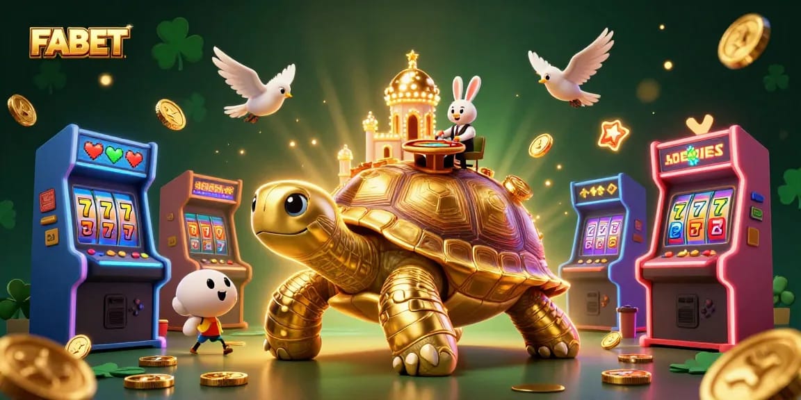 Join FABET's gaming adventure with a whimsical golden tortoise casino and interactive elements.