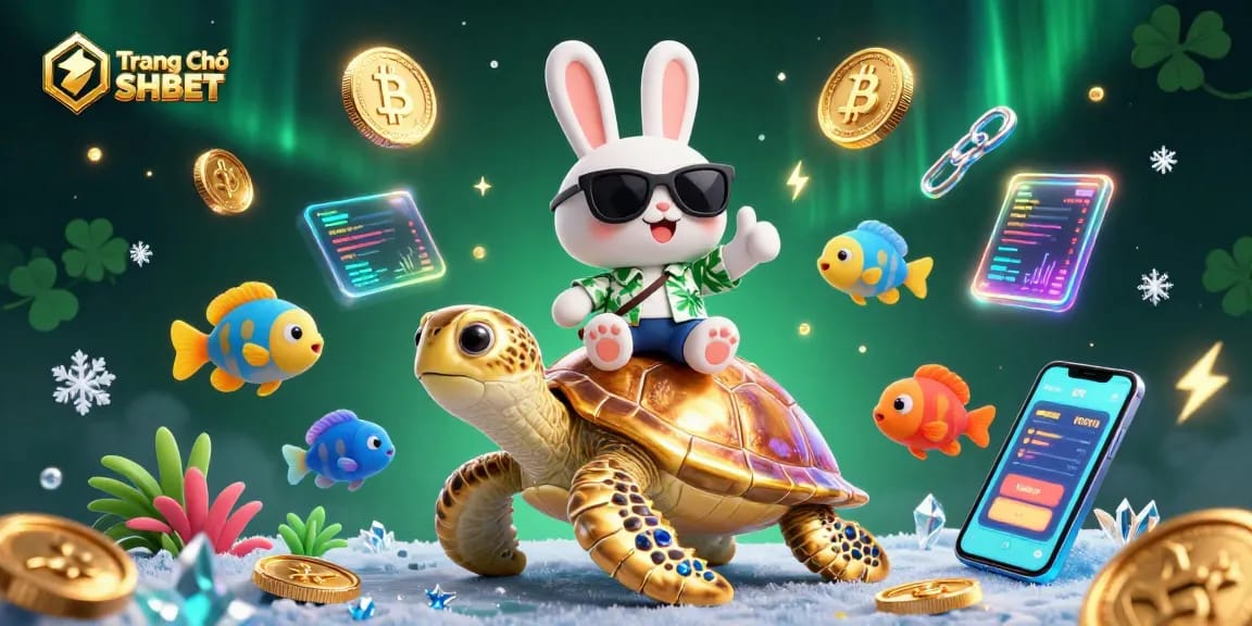 Engage in thrilling gaming adventures with Trang Chủ SHBET’s vibrant 3D casino illustration featuring a lucky rabbit and sea turtle.