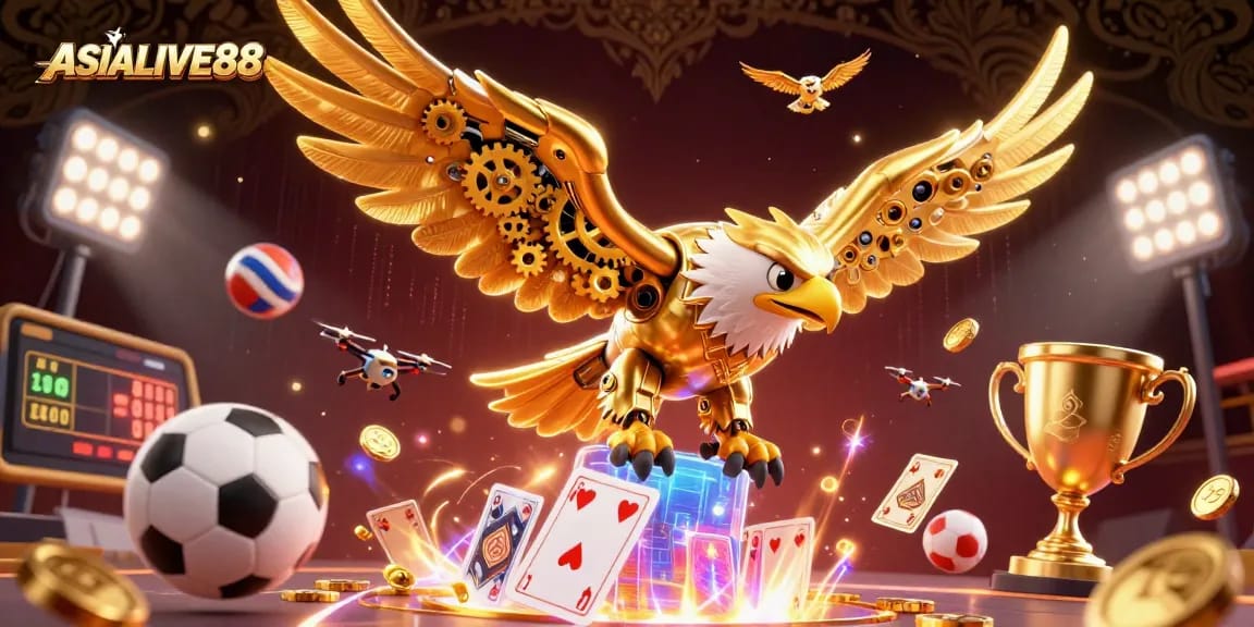 Witness thrilling action with ASIALIVE88 as a cybernetic eagle dives through dynamic gaming elements.
