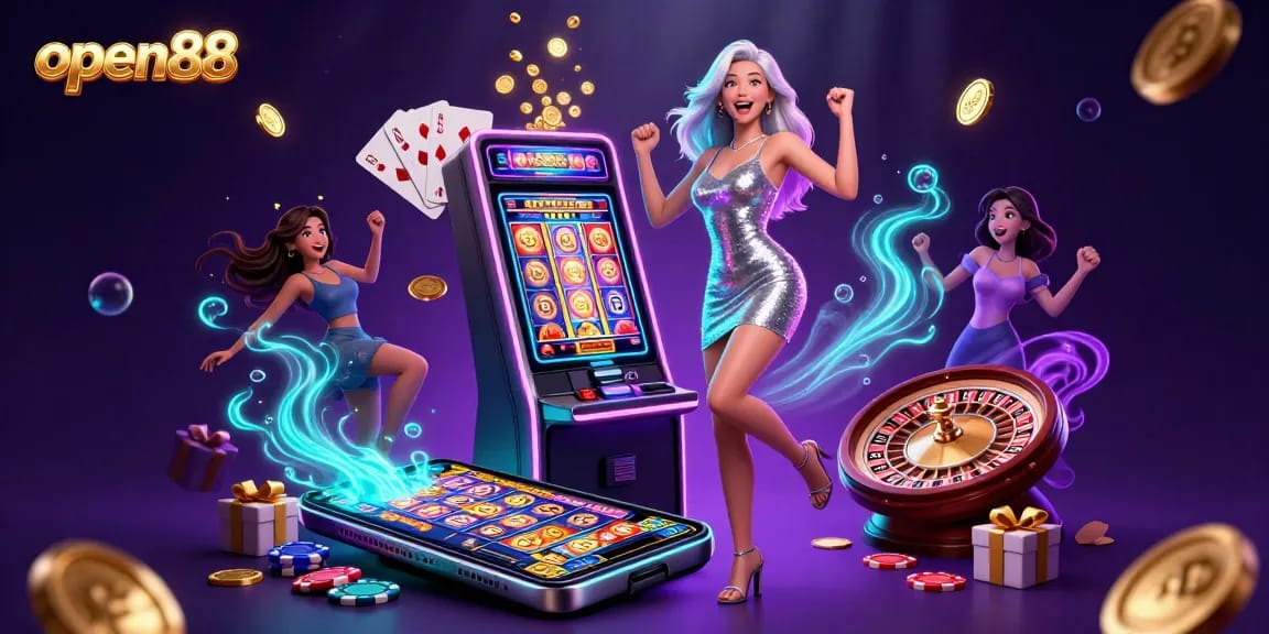 Play a thrilling slot game at open88 with a celebratory woman surrounded by coins and casino items.