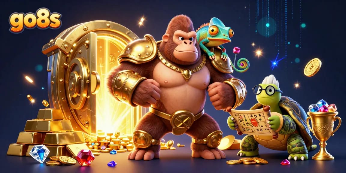 Bet with go8s as a golden gorilla king and friends celebrate winnings in a vibrant casino.
