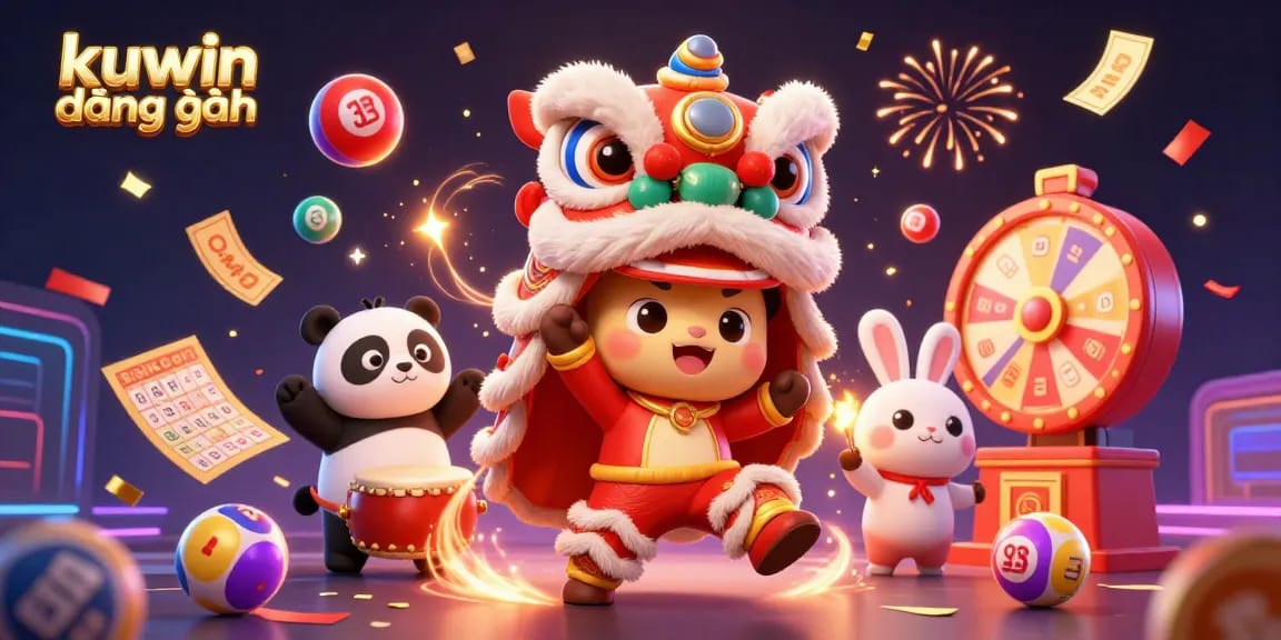 Engage in a vibrant celebration with kuwin đăng nhập as lion dancers, a drumming panda, and a lively backdrop of gaming elements.