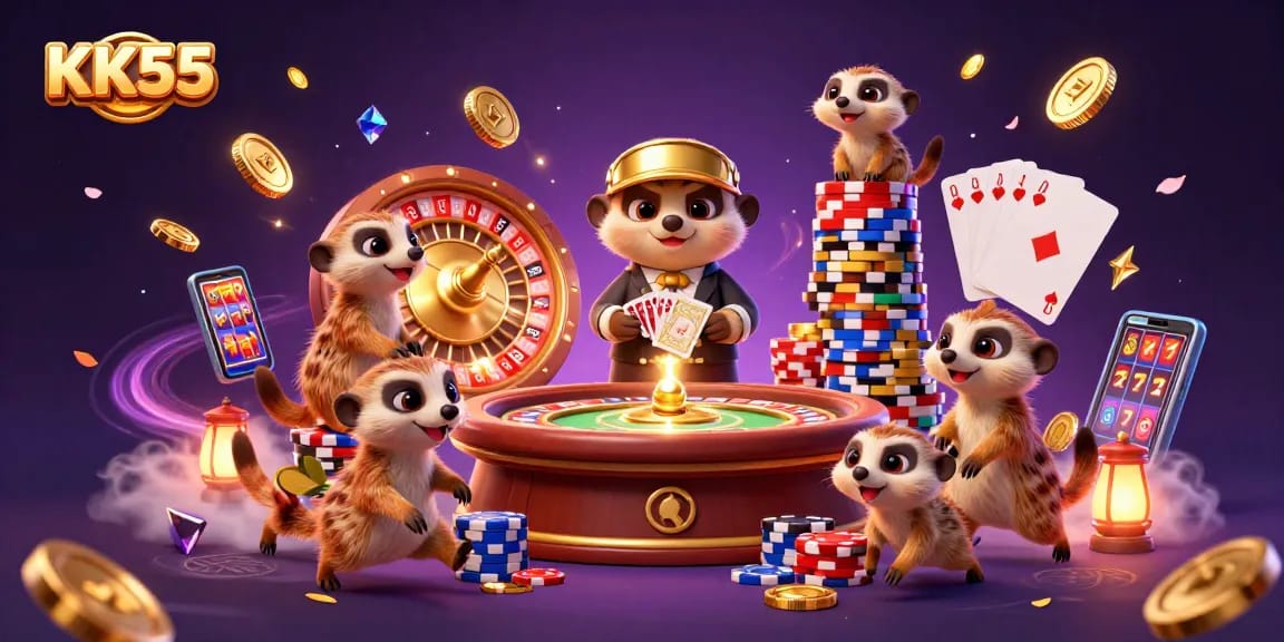 KK55 meerkats engaging in a busy casino scene with gold coins and vibrant casino elements.