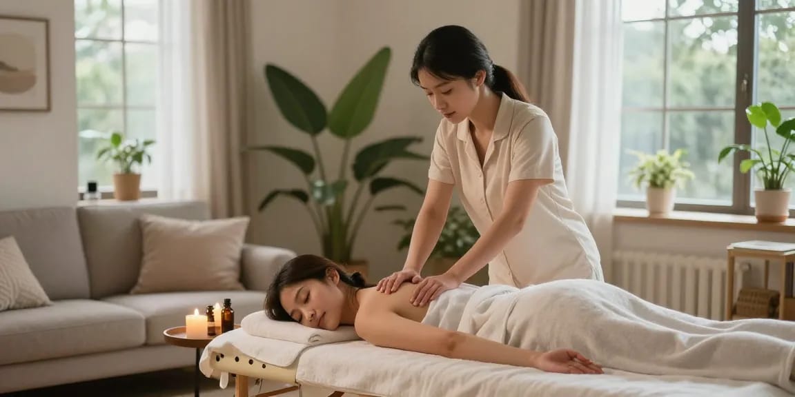Relaxing 영등포출장마사지 session in a cozy home setting, with candles and soothing decor.
