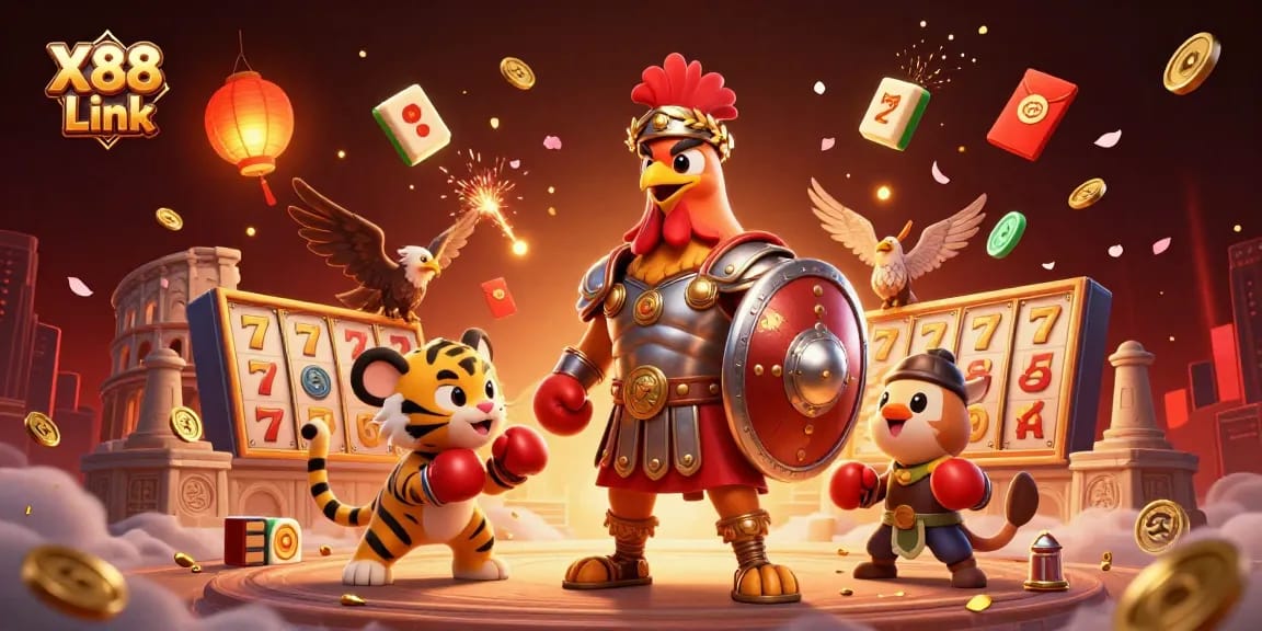 Engage with X88 Link through a vibrant casino scene featuring a gladiator rooster, sparring tiger cub, and gold-filled slot elements.