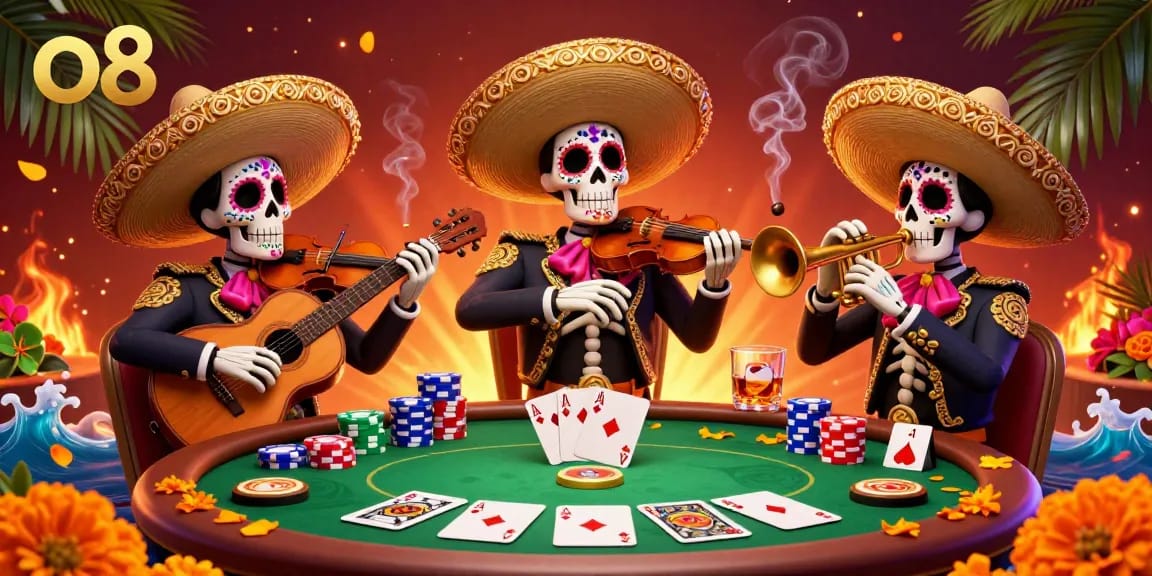 Experience thrilling poker action with o8, featuring vibrant mariachi skeletons amidst colorful game elements.