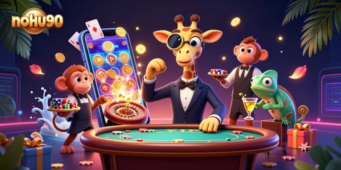 Nohu90 combines vibrant casino elements with a high-roller giraffe and fun characters.