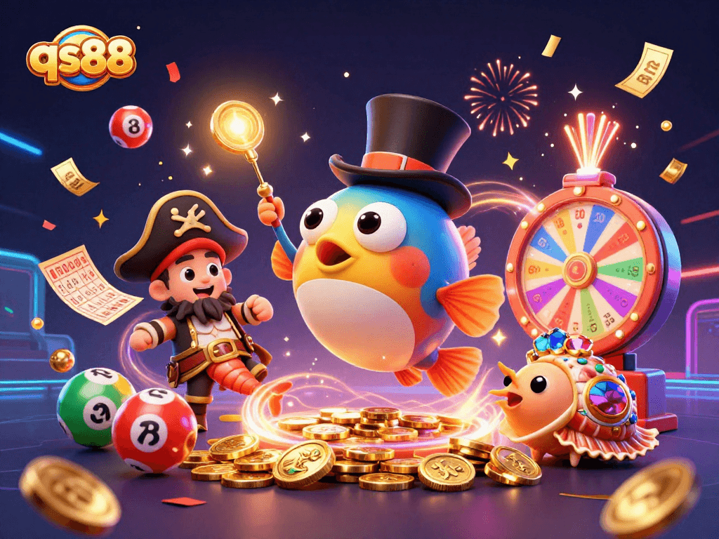 Engage with qs88's vibrant treasure hunt as the anglerfish attracts coins and the shrimp explores riches.