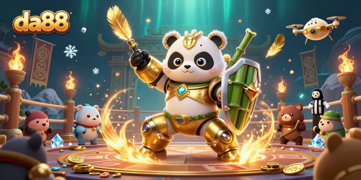 Experience the exhilarating da88 casino action with a golden panda mech battling in a vibrant arena.