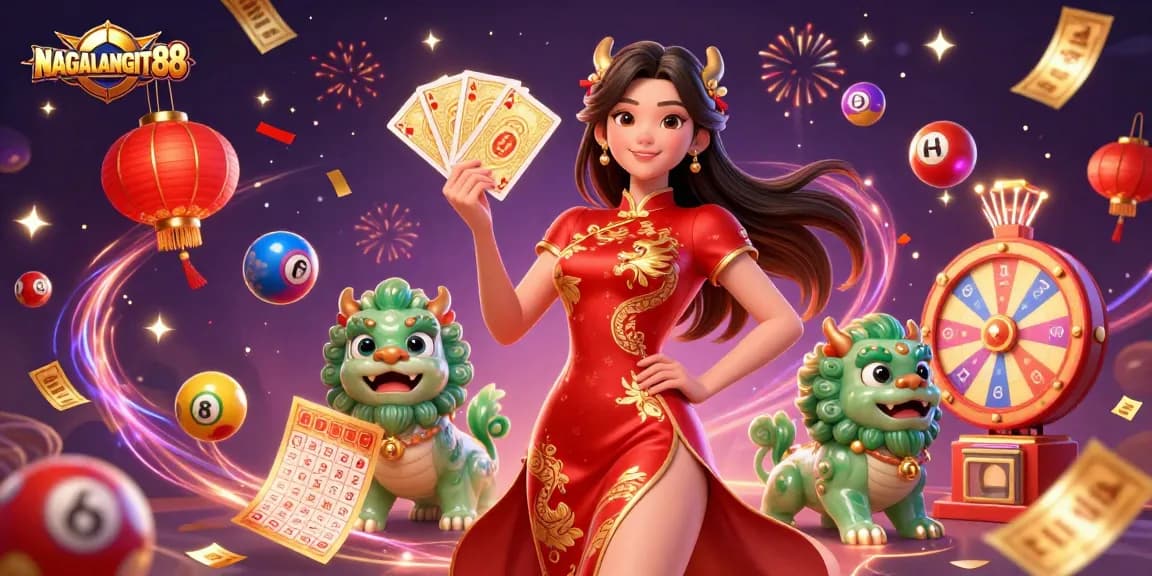 Engage with NAGALANGIT88's vibrant gaming scene featuring dynamic lottery elements and a captivating character.