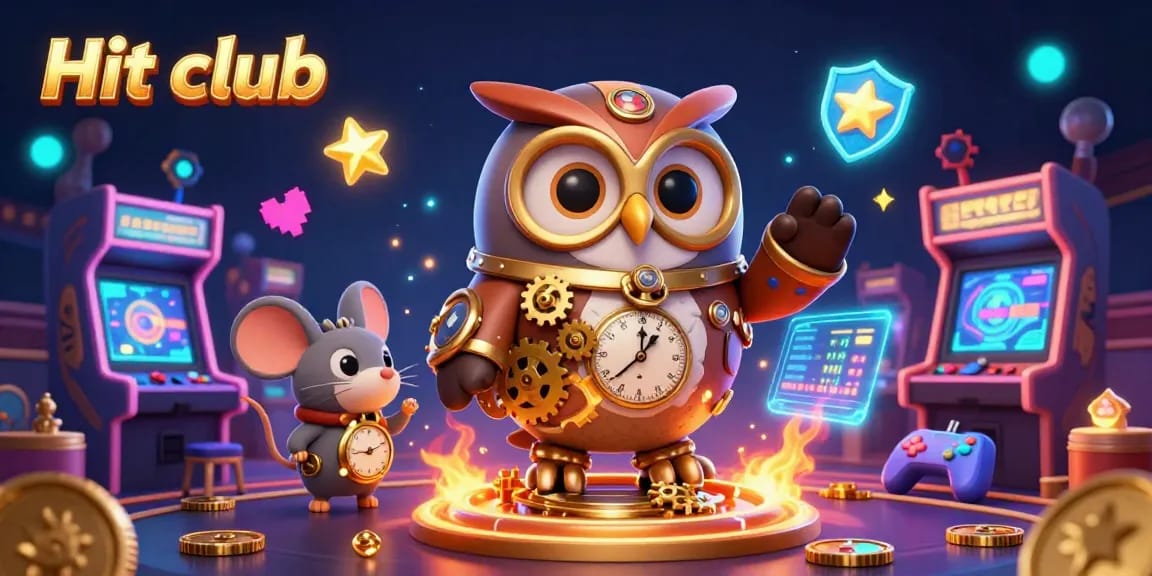 Experience the excitement of Hit club with a vibrant 3D digital illustration featuring a steampunk owl and casino elements.