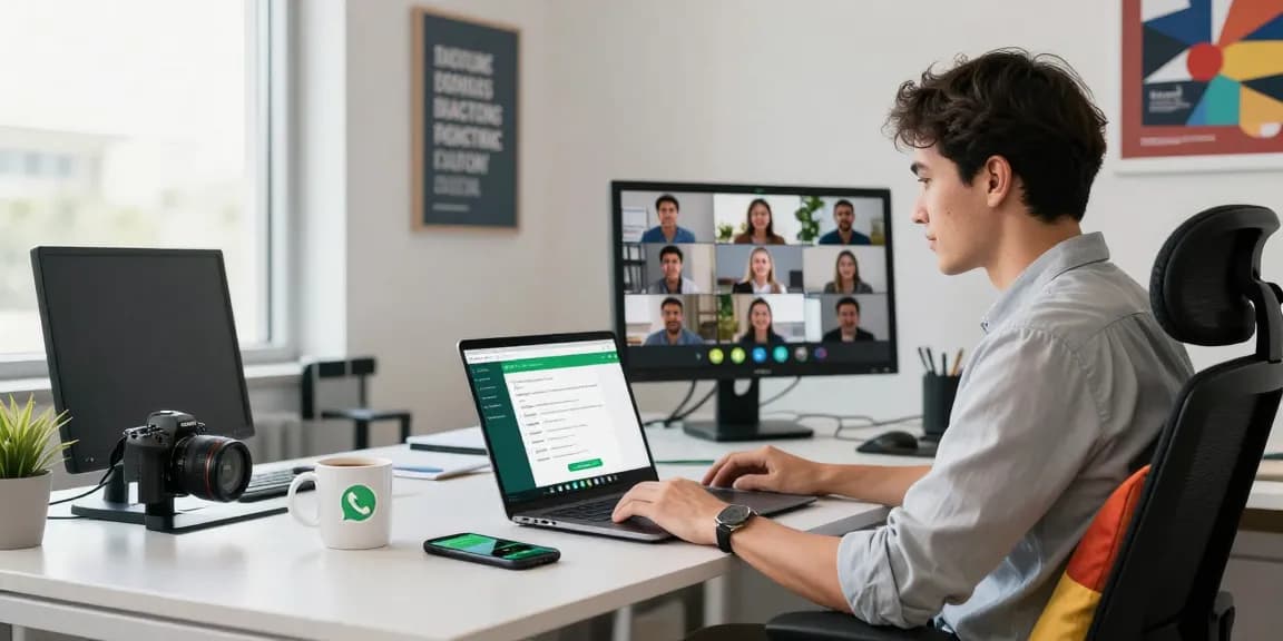 Professional using WhatsApp網頁版 on a laptop in a modern office setup