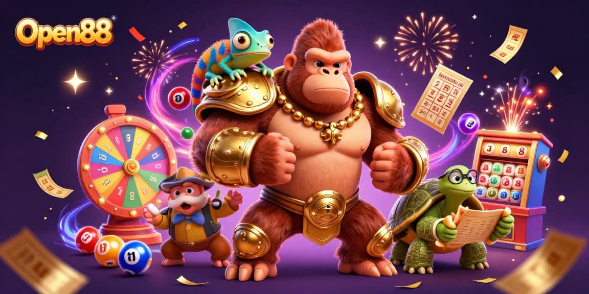 Open88 offers a dynamic casino experience with vibrant lottery balls and engaging characters in action.