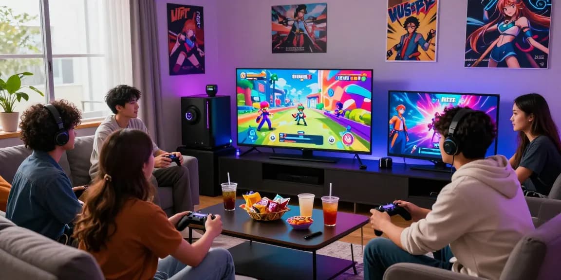 Exciting gaming scene with friends enjoying hentaigames on a large screen, colorful characters and interactive elements.